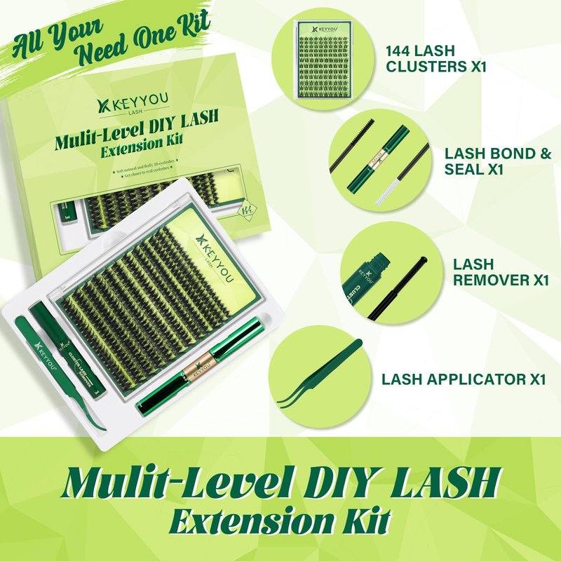 KEYYOU Lash Extension Kit 3D Effect Volume Lash Clusters Flaunt Style 144PCS D Curl Waterproof DIY Kit Flora Inspired Wispy Look LengthLock 8–18mm Ultra-Thin Black Band (PuffSilk V3D01 Kit)