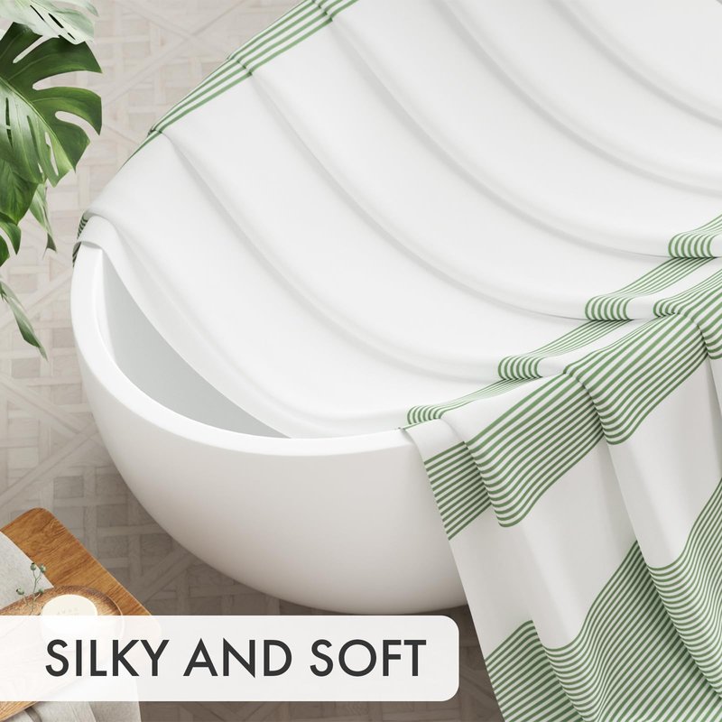 AmazerBath Shower Curtain, Washable Cloth Sage Green with 12 Shower Curtain Hooks, Fabric Green and White Striped Set, Farmhouse Bathroom Shower Curtain, 72x72 Inches