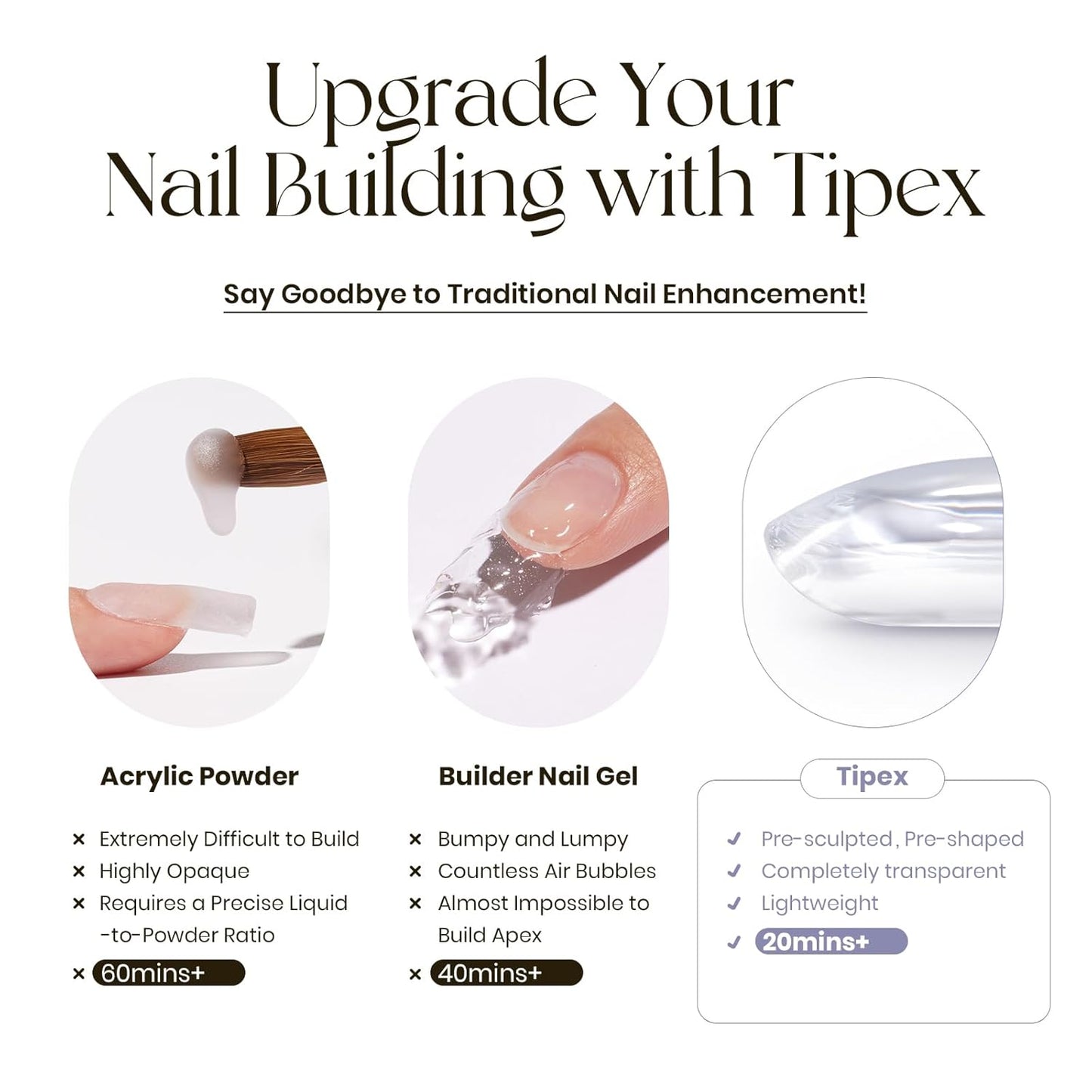 Tipex Instant Apex Gel Nail Tips Kit – 500pcs Pre-Etched Sculpted Long Coffin Acrylic Nail Tips, Thicker Full Cover Press-On Nails for Flat Nails, 30g/1.06oz UV Nail Glue Included