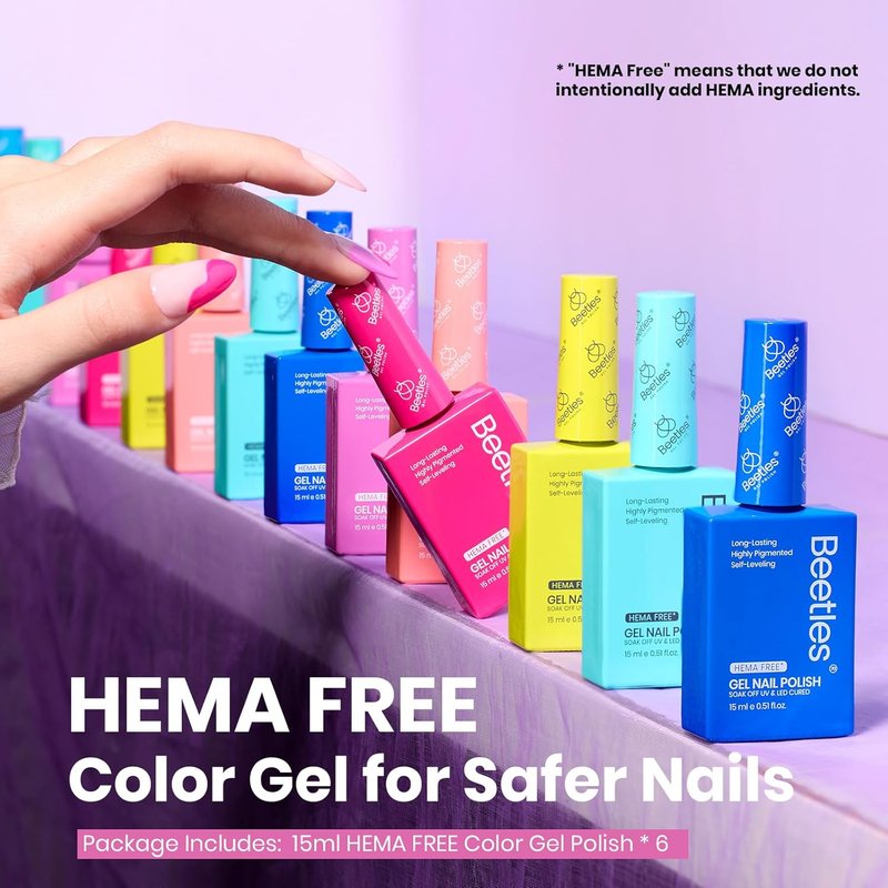 Beetles Neon Gel Nail Polish - Neon Bubbles, Hema Free 6 Colors Summer Gel Nail Polish Set Full Size Hot Pink Orange Yellow Blue Purple Green Soak Off UV LED DIY Bright Rainbow Summer Nails Salon