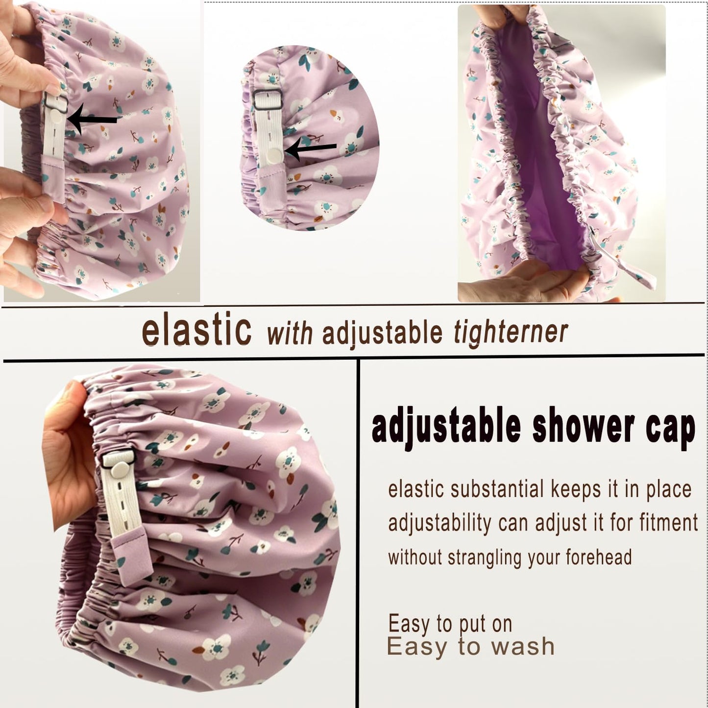 Genergy 2pcs Shower Cap for Women,Including Travel bag and Scrunchy. Frizz-Free Silky Liner, Waterproof Reusable Large Bath Bonnet for Short and Long Thick Hair, Soft Adjustable Elastic, Non-slip.