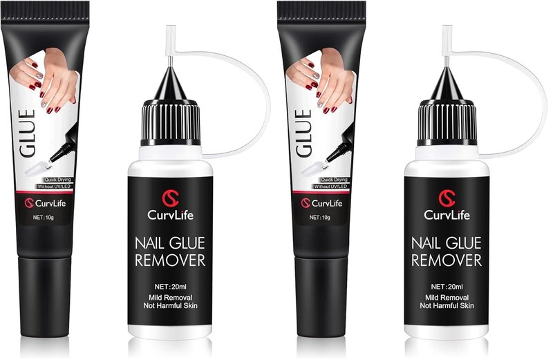 Curvlife 10g Semi-Solid Glue and 20ml Pinpoint Glue Remover Kit - Gel for Press on Nails, Quick Dry No UV Lamp Needed with Gentle Non-Acetone Remover, Fake Nail Tips (Pack of 2)