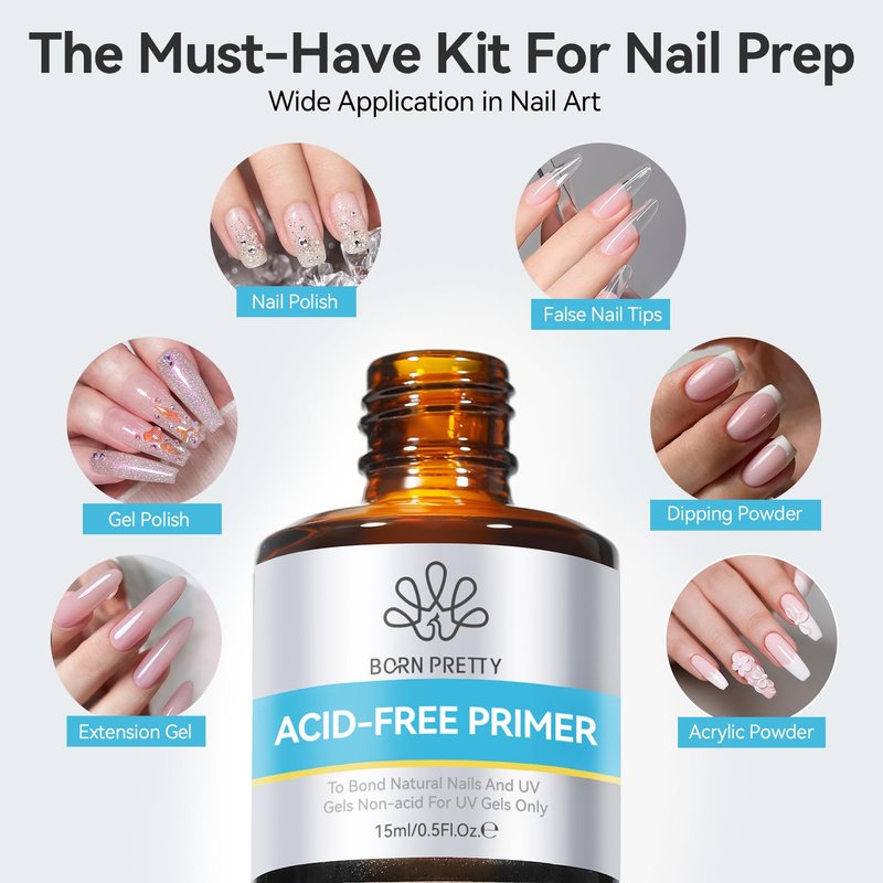 BORN PRETTY 15ml Nail Prep Dehydrate & Bond Nail-Primer Set,Natural Acid-Free Formula for Acrylic & Gel Polish,Superior Adhesion with Fast-Dry Gift Box Professional Salons Set