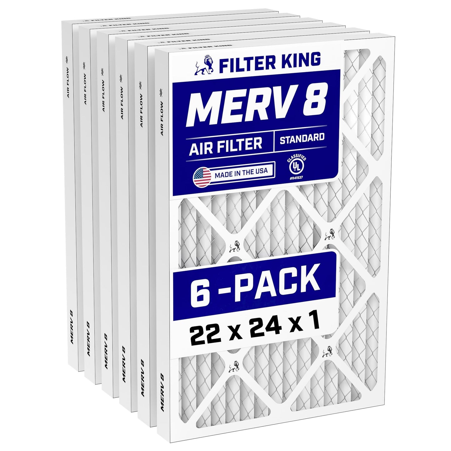 Filter King 22x24x1 Air Filter (MERV 8) (6-Pack) Dust & Allergy Control AC Furnace Filters, MADE IN USA, HVAC, Pleated, Electrostatic (Actual Size: 21.5 x 23.5 x .75)
