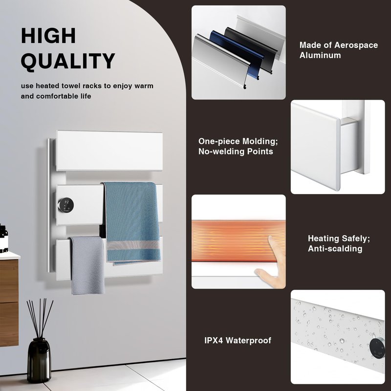 K&KALONZO Electric Towel Warmer, 18.35" W x 22.8" H Wall-Mounted Towel Heater with Built-in Timer, Waterproof Aluminum Towel Warmer for Bathroom, Support Plug-in and Hardwired, White, K3-L-W
