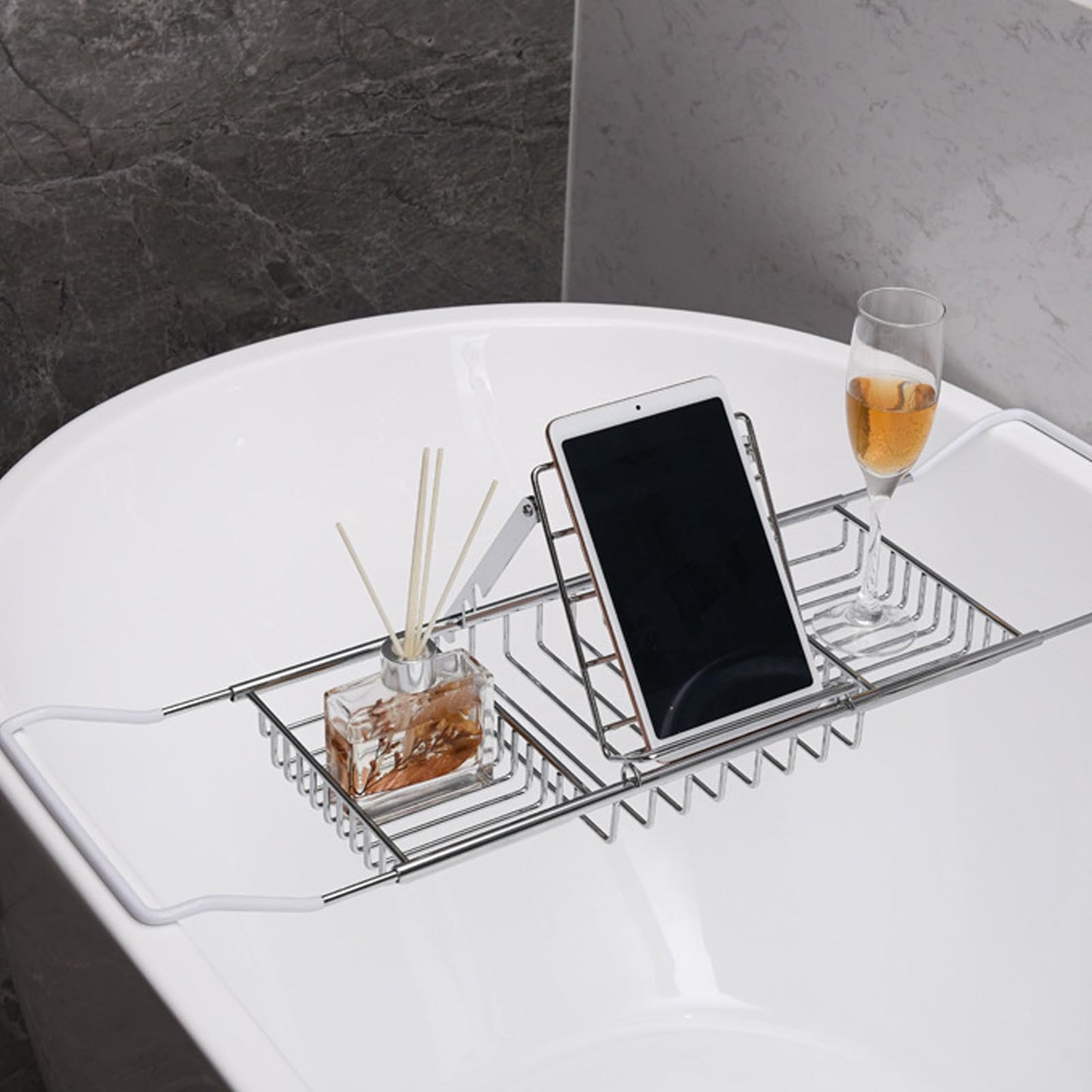 PLKO Bathtub Tray,Stainless Steel Shower Bathtub Caddy Tray with Removable Book Holder Red Wine Rack Holder, for Home Kitchen Bathroom, Sliver