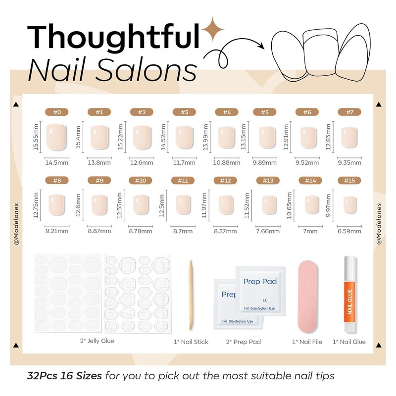 Modelones Press-On Nails - Milky White Squoval Design | 32 Pcs, 16 Sizes, Reusable Nail Kit with Glue & File