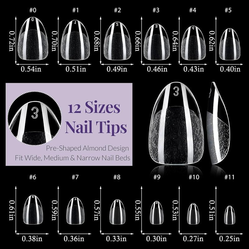 AddFavor Extra Short Almond Nail Tips, 480pcs Soft Gel Nail Tips Almond Shape Clear Fake Nails Full Cover Acrylic Nails Tips for Extensions Manicure Home DIY 12 Sizes