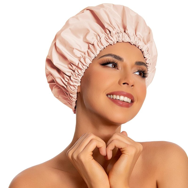 Reusable Shower Cap for Women - Large Waterproof Hair Bonnet | Washable Elastic Band for Long Hair & Braids - Beige
