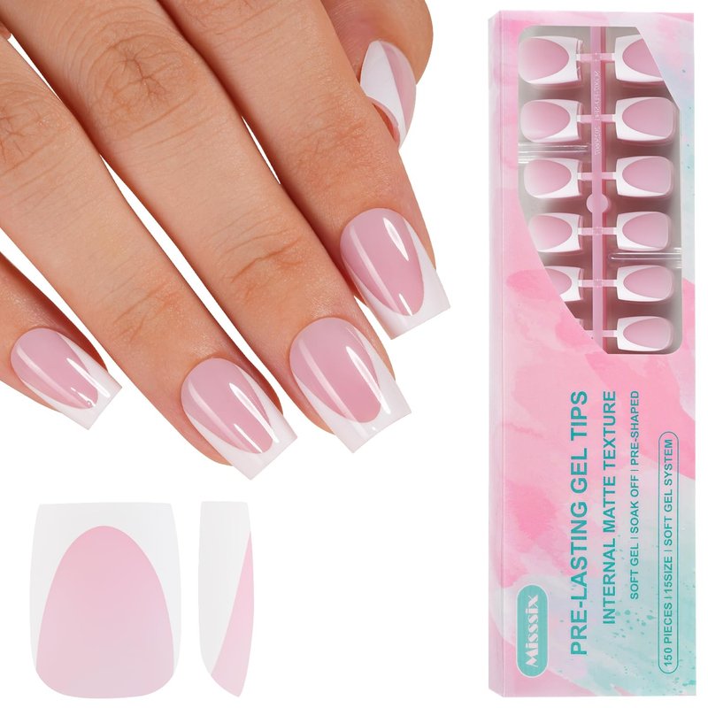 Deep French Gel Nail Tips - 150 Pcs Short Square Pink Press-On Nails | Pre-Filed for Easy Application, 15 Sizes