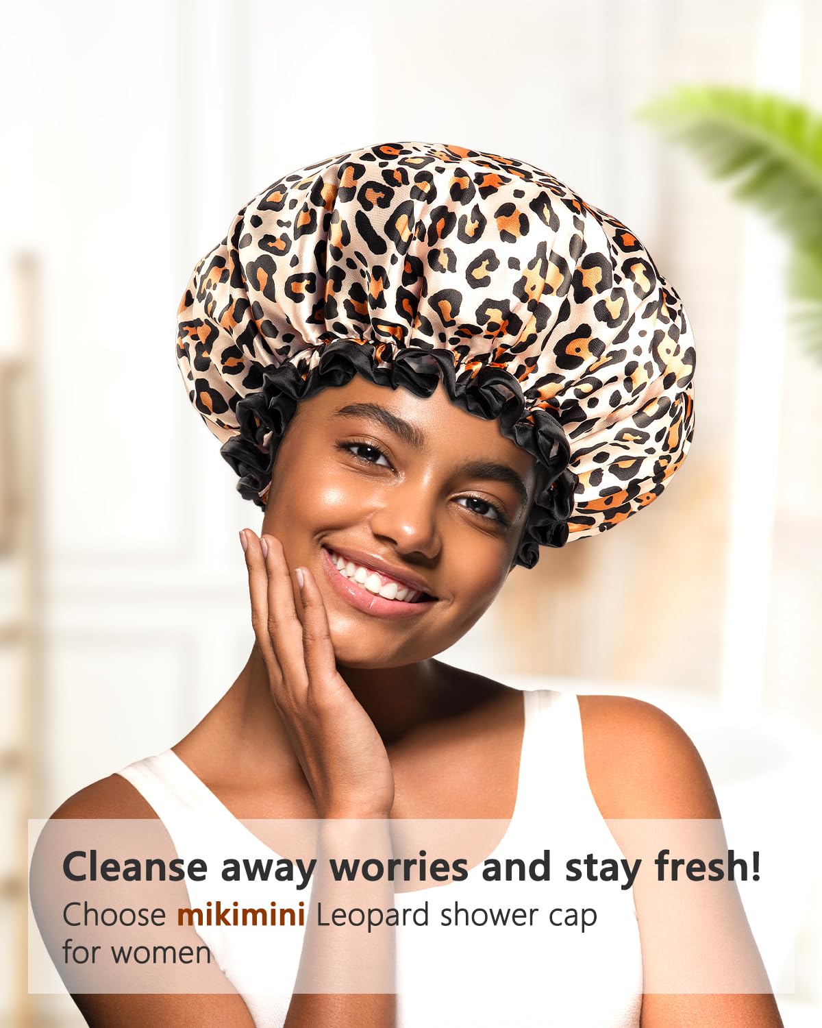 mikimini Large Shower Cap for Women Long Hair, Leopard Stylish Shower Caps with Black Lace, Double-layer Waterproof, Reusable, Washable