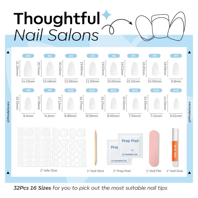 Modelones Milky White Press on Nails Almond, Short Fake Nails, Reusable Nail Kit with Nail Glue Adhesive Tabs Mini Nail File, Nails Press Ons 32Pcs 16 Sizes, Women Girl Gift ﻿