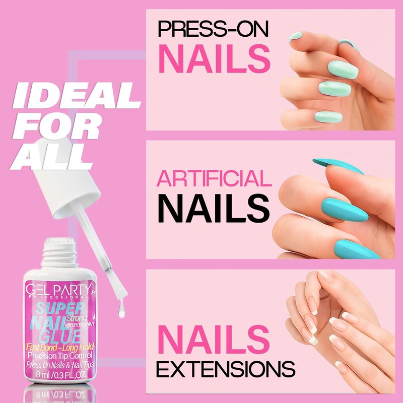 GELPARTY (8ml) Super Strong Brush On Nail Glue for Press On Nails & Tips – Quick Dry Clear Acrylic Nail Adhesive, Long Lasting Waterproof Bond for Fake Nails & Nail Art