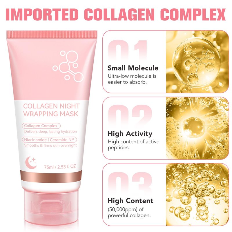 QwsYaay Collagen Night Wrapping Mask, Collagen Face Mask, Collagen Sleeping Mask, Collagen Facial Mask for Elasticity & Hydration, Hydrates and Tightens Skin, Reduces Sagging