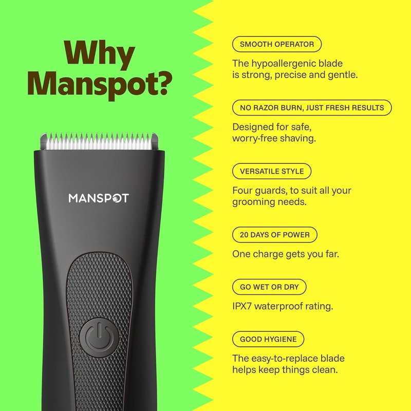 Manscape Groin & Body Hair Trimmer for Men - Waterproof Electric Shaver with 4 Guard Sizes | 90 Minutes Runtime