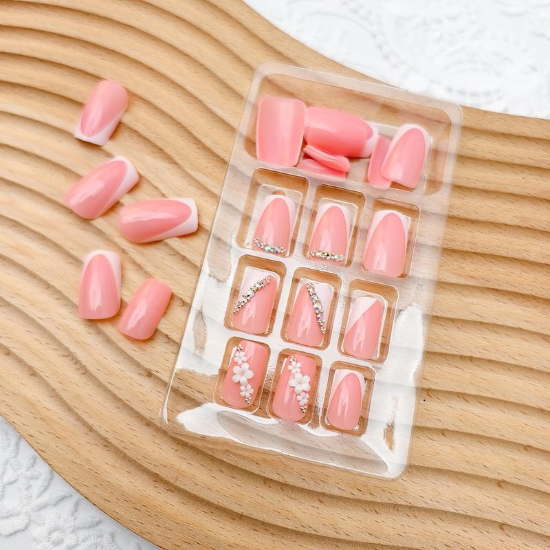 24Pcs French Tip Press on Nails Short Square Pink Fake Nails with Flower Rhinestones Gems Designs Irregular French False Nails Press ons Acrylic Full Cover Glue on Nail for Women Manicure