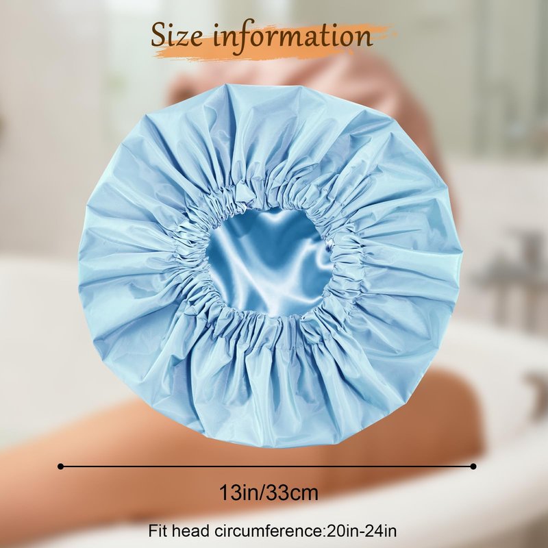 Doitory Satin Lined Shower Cap for Women, Reusable Waterproof Hair Cap, Large Washable Bath Caps with Soft Elastic Band, Protect Long Hair Braids(Light Blue)