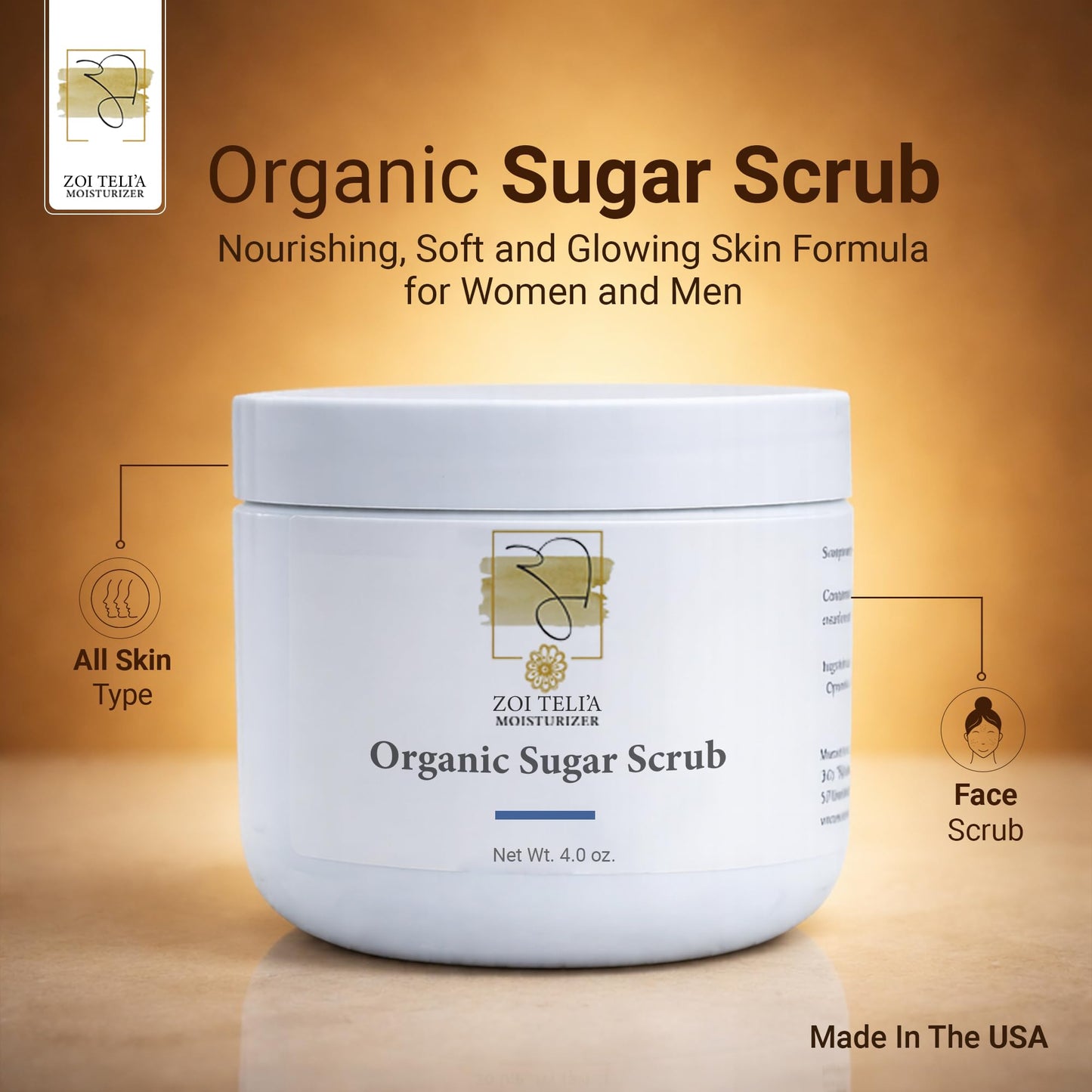 Zoi Telia Organic Sugar Body Scrub with Shea Butter, Olive, Jojoba & Sunflower Oil for Dry, Dull & Sensitive Skin - Nourishing, Soft and Glowing Skin Formula for Women and Men - 4 Oz - Pack of 1
