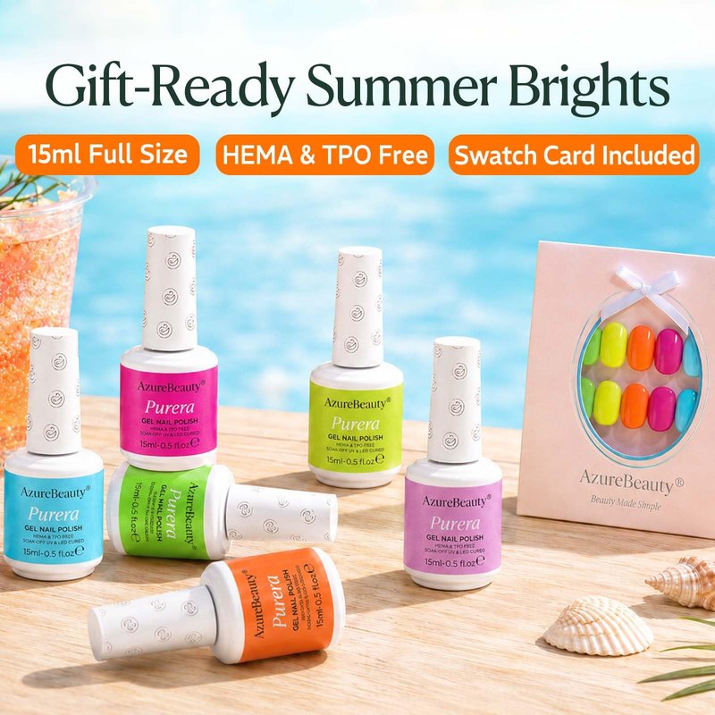 AzureBeauty 6 Colors 15ml HEMA Free Neon Purera Gel Nail Polish Set, Same Color Bottles Soak Off UV LED Gel Polish Kit DIY at Home Manicure Salon Gifts, Summer Green Yellow Orange Hot Pink Blue Purple