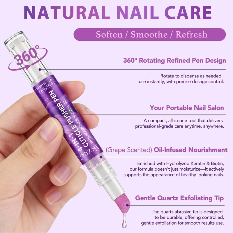 ISUNRISE Cuticle Oil Pusher Pen, 4-in-1 Cuticle Pusher & Oil Pen, Portable Nail Care Pen for Exfoliating, Nail Shape, Polishing, Nourishing, Home & Travel Use