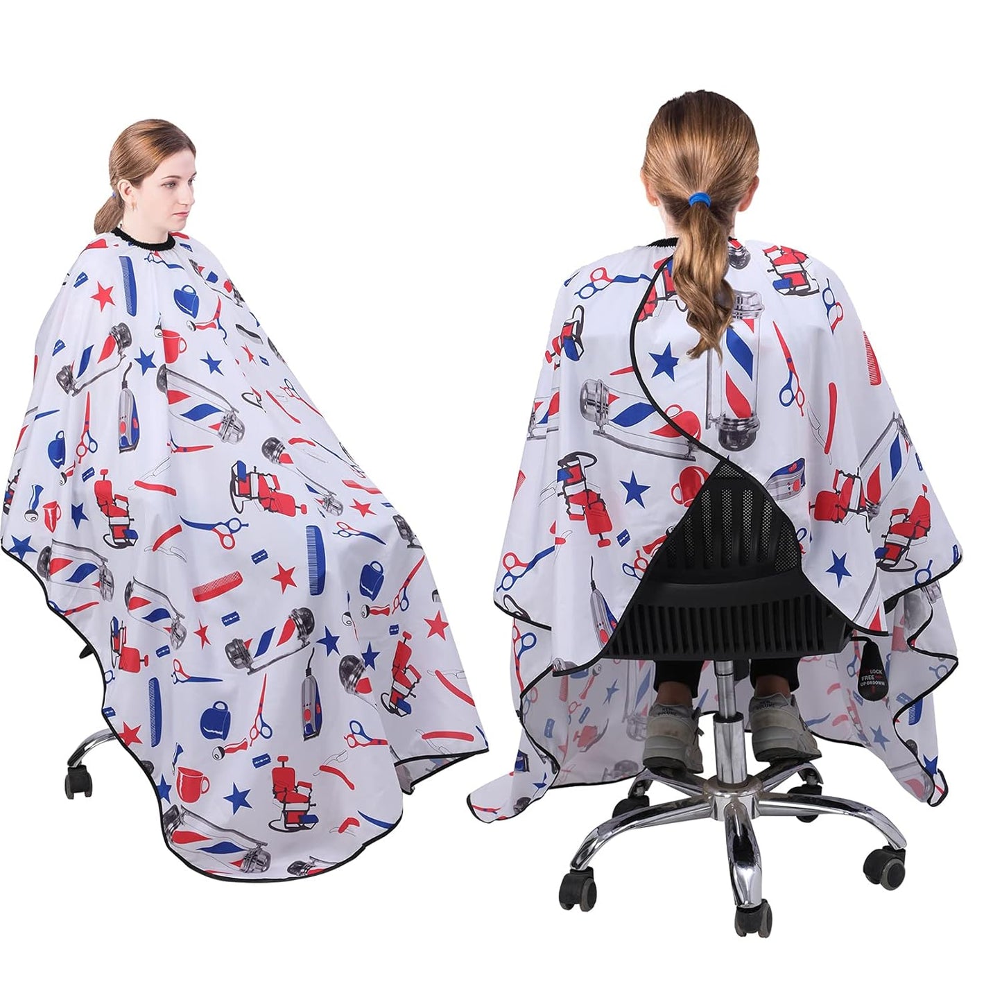 Skiennix Professional Hair Cutting Cape - Large Size Salon Cape with Neck Duster Brush | White with Colorful Pattern