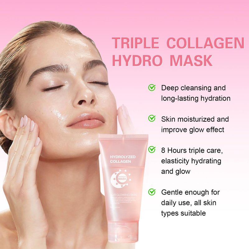 Josmon Collagen Night Wrapping Mask for Glowing Skin, Collagen Overnight Wrapping Peel Off Facial Mask for Elasticity Hydration, Reduce Sagging Dullness, 2.53 fl.oz, Pink(Brush Included)
