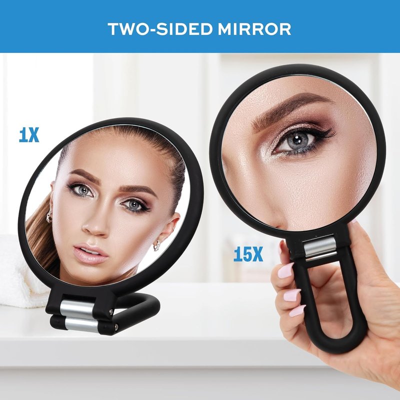 ForPro Professional Collection Premium Handheld Magnifying Mirror - 1X/15X Magnification, Adjustable Folding Handle, Black