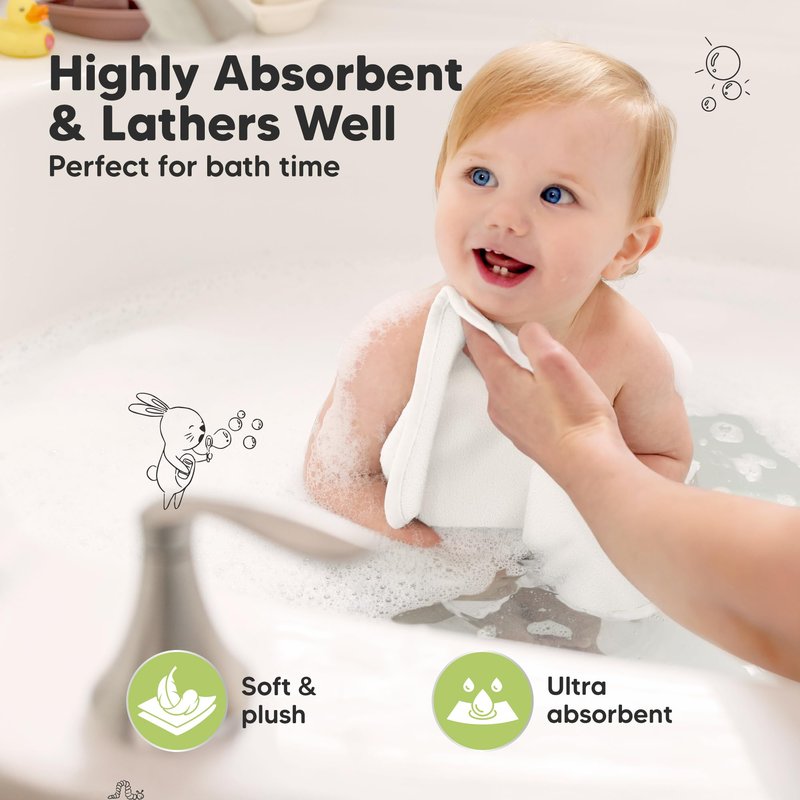 6-Pack Baby Washcloths – Soft Absorbent Viscose from Bamboo Washcloths for Face, Body, Baby Towels for Newborn, Kids, Toddlers, Infant, Gentle on Sensitive Skin, 10x10 Reusable Face Towels (White)