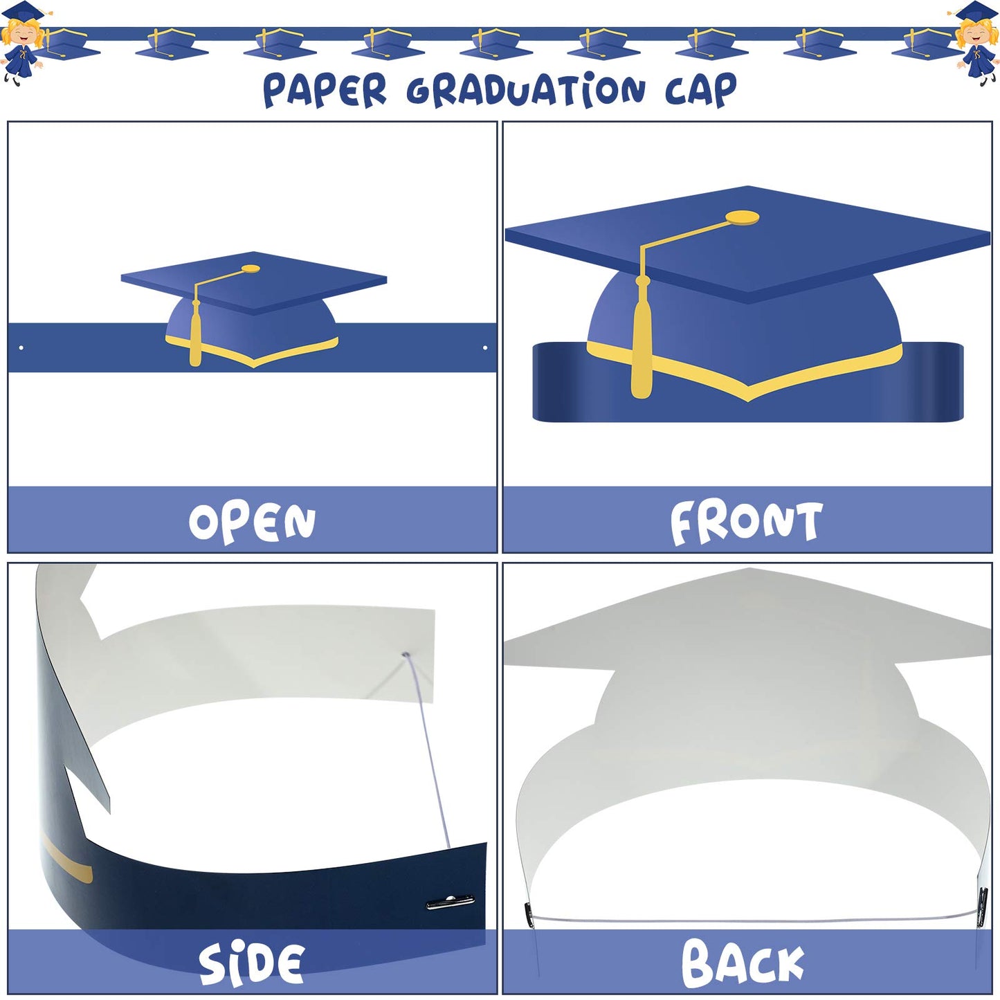Tenare 40 Pcs Paper Graduation Hats Class of 2026 Adjustable Paper Graduate Cap with 40 Elastic String for Grad Party(Blue)