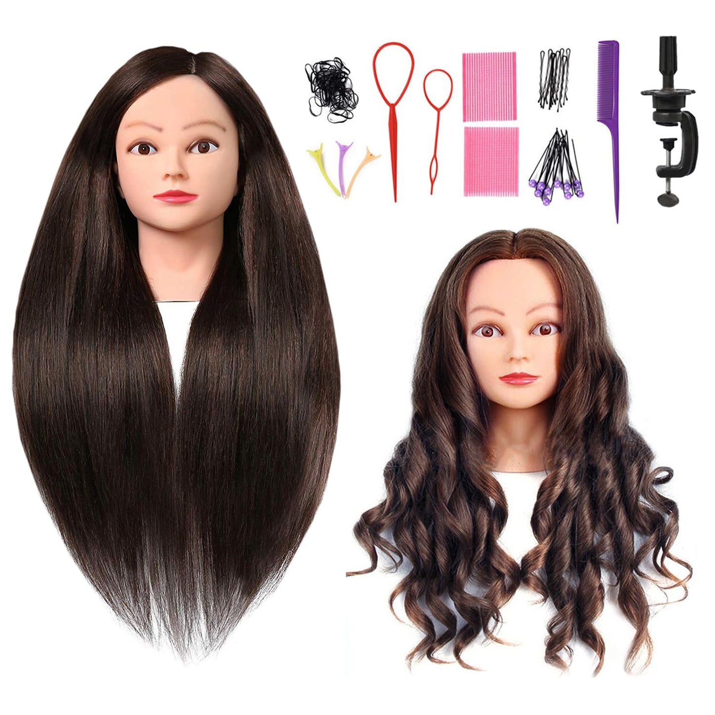 SOPHIRE Mannequin Head - 26"-28" Cosmetology Training Head with 80% Real Human Hair & 9 Tools | #4 Brown
