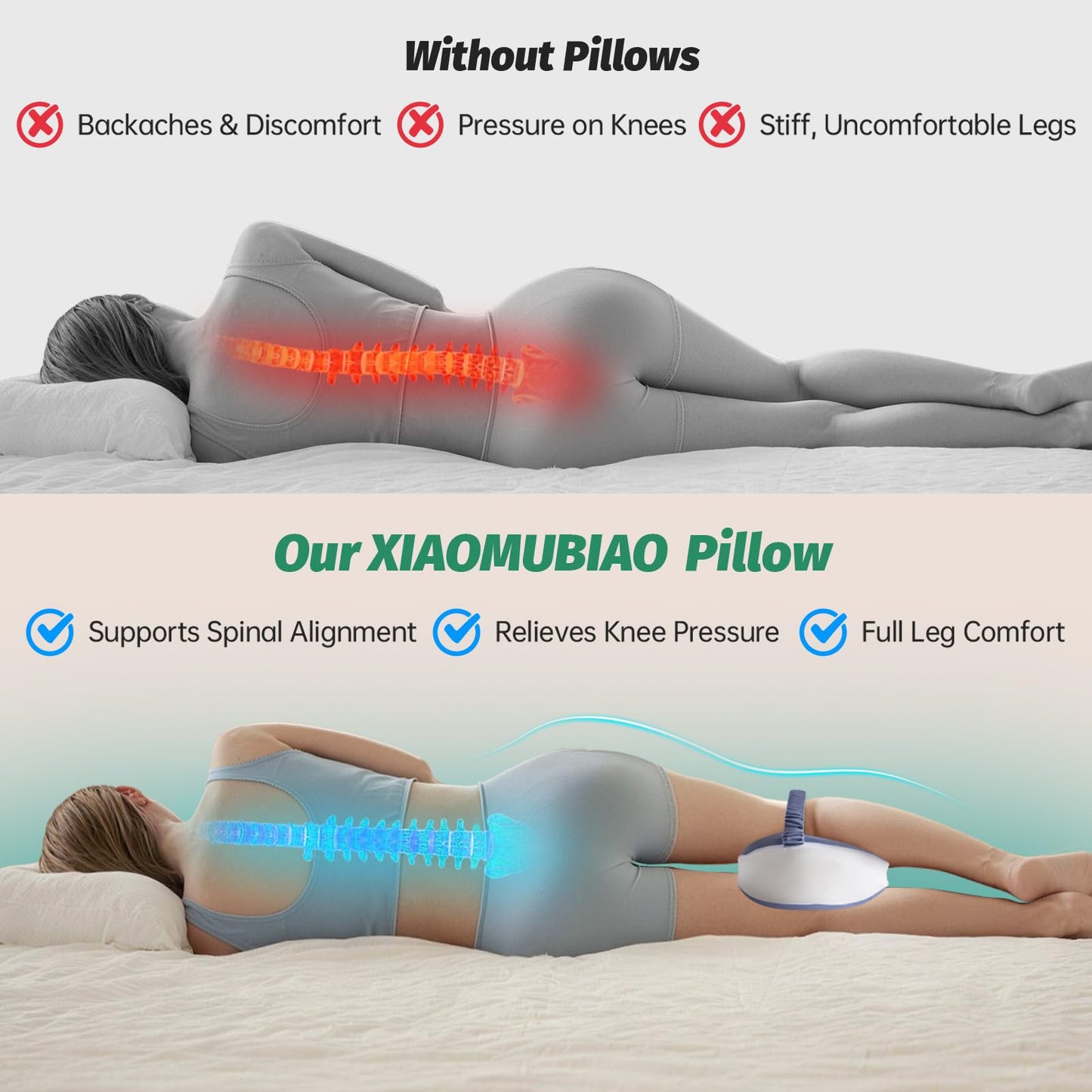 xiaomubiao Memory Foam Knee Pillow for Side Sleepers, Cooling Leg Pillow with Adjustable Strap for Sciatica, Hip & Back Pain Relief, Orthopedic Contour Between Leg Cushion with Washable Cover
