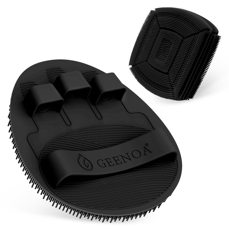 GEENOA Silicone Body & Face Scrubber Set, 360° Anti-Slip & Hand-fit Silicone Shower Scrubber for Rich Foaming Deep Cleaning, Unique Facial Scrubber with Side-bristles for Contoured Areas.(Black)