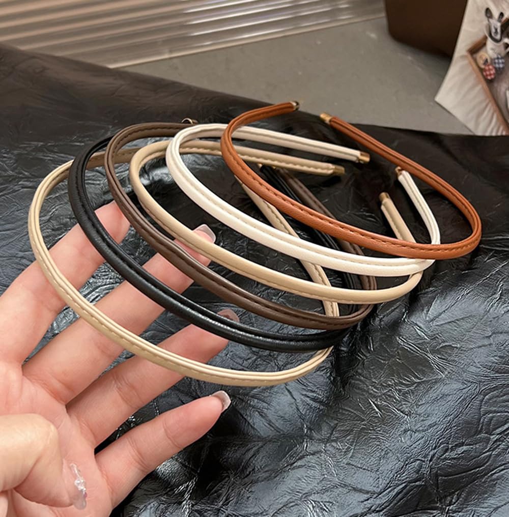Thin Headband Skinny Leather Headbands for Women, Trendy Comfortable No Headache Headband Non-Slip Hair Accessories for Women Girls 5Pcs (Beige/Brown/Black/White/Tan)