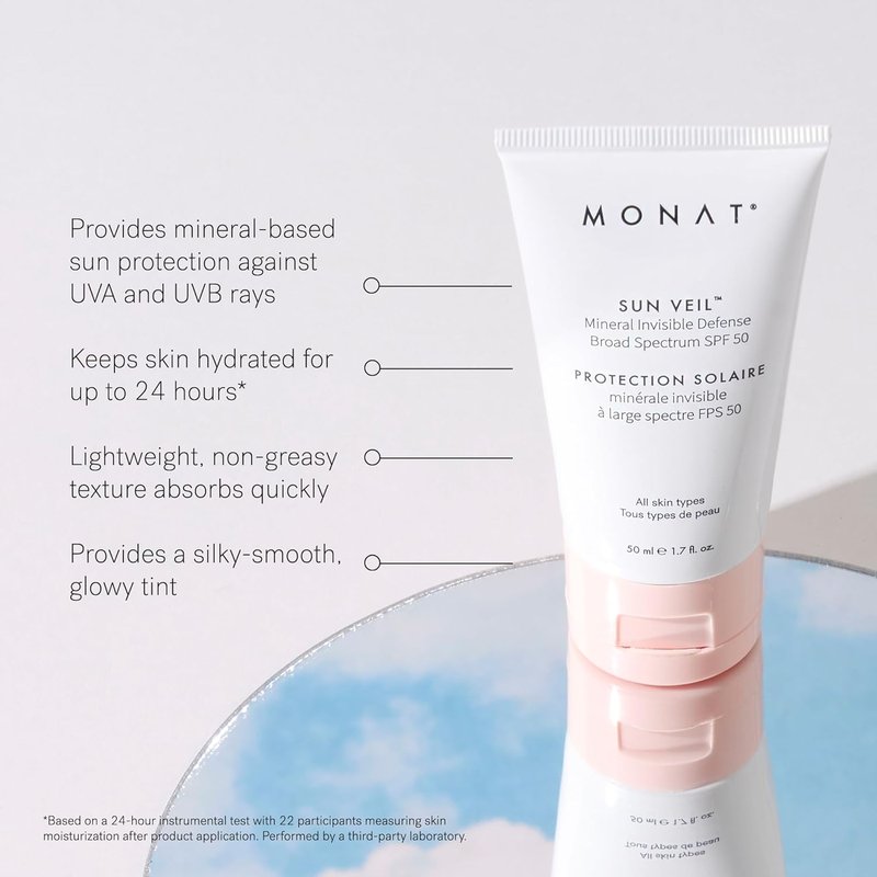 MONAT Sun Veil Mineral Sunscreen SPF 50 - Tinted Invisible Defense, Oil-Free Facial Protection, 1.7 Fl Oz