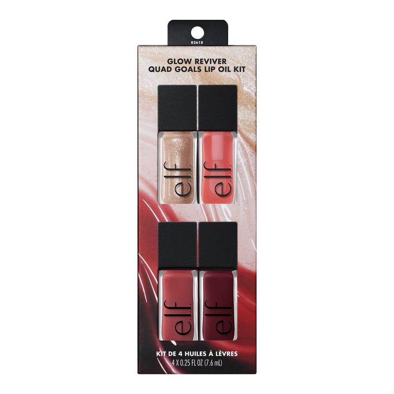 e.l.f. Glow Reviver Quad Goals Lip Oil Kit, 4 Hydrating, Non-Sticky Glossy Tinted Lip Oils, Lip Gloss Set, Moisturizing Lip Care, Vegan & Cruelty-Free