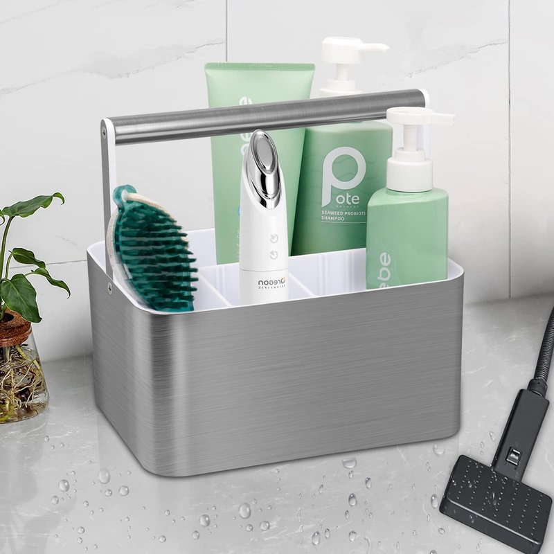 BYUNER Plastic Shower Caddy Dorm - Portable Bathroom Caddy Organizer with Handle and Divider for College Dorm & Shared Bathroom, Hard Shower Tote for Toiletry, Brushed Nickel White