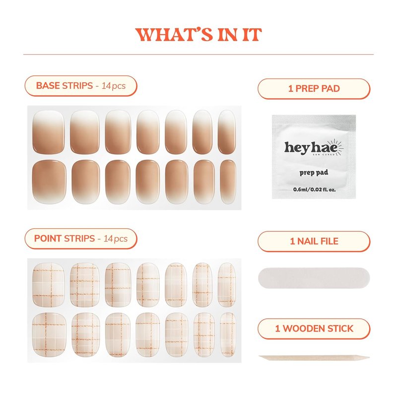 Heyhae Semi Cured Gel Nail Strips - Ombre Beige & Brown | No LED Lamp Needed | Easy Apply & Remove | 28 Strips, Prep Pads & Nail File Included