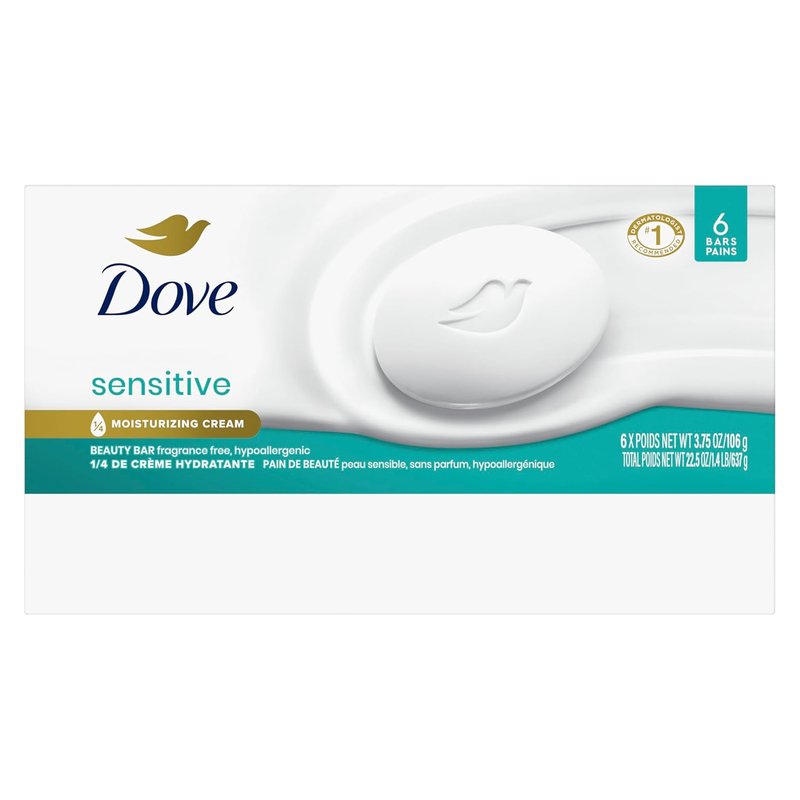 Dove Sensitive Skin Beauty Bar Soap - Fragrance-Free & Hypoallergenic | 6 Bars, 3.75 oz Each