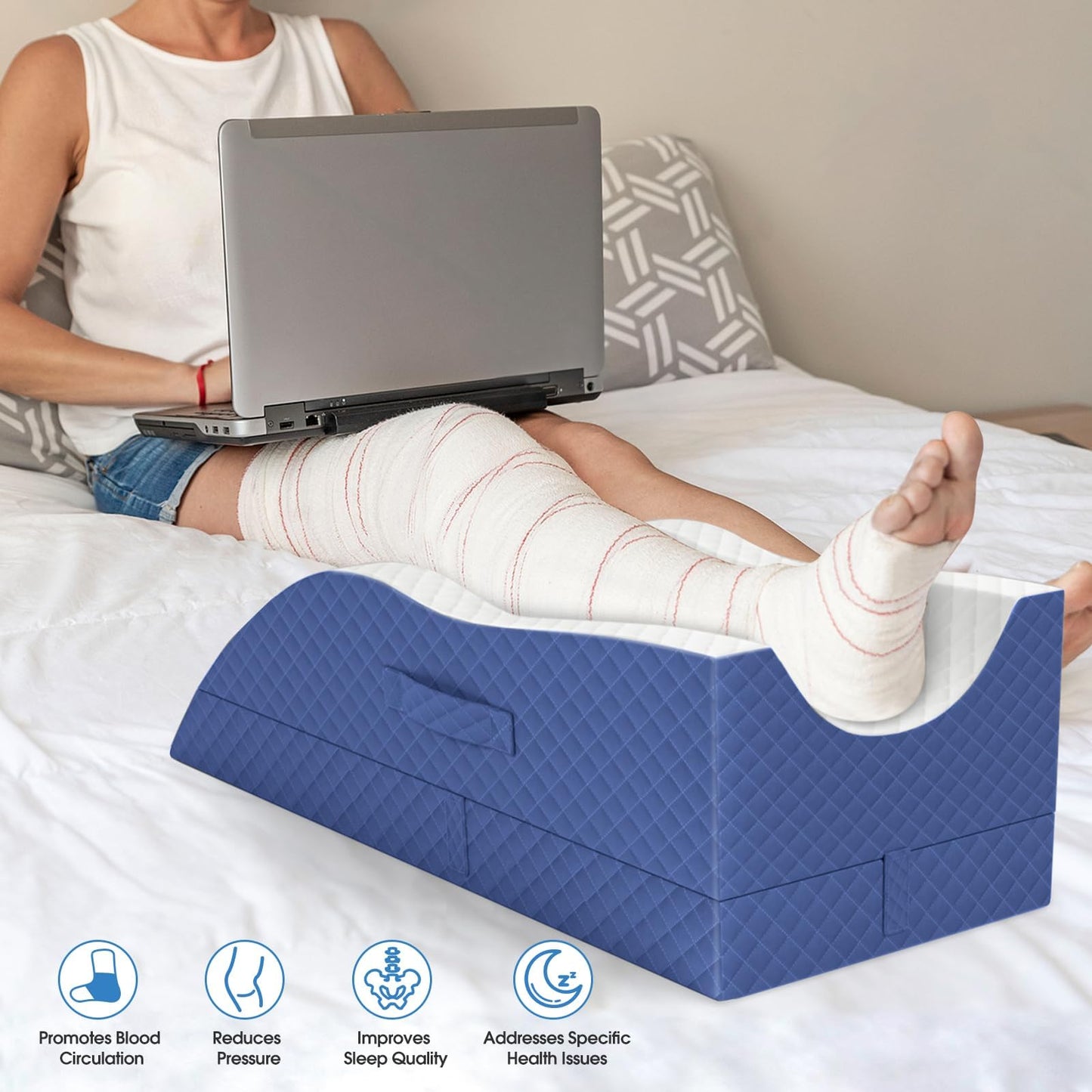 TranquilRelax Elevation Pillows for Leg After Surgery, Memory Foam Adjustable Wedge Pillow for Injury or Rest, Ankle Pillow for Sleeping Blood Circulation, Blue/Single Leg