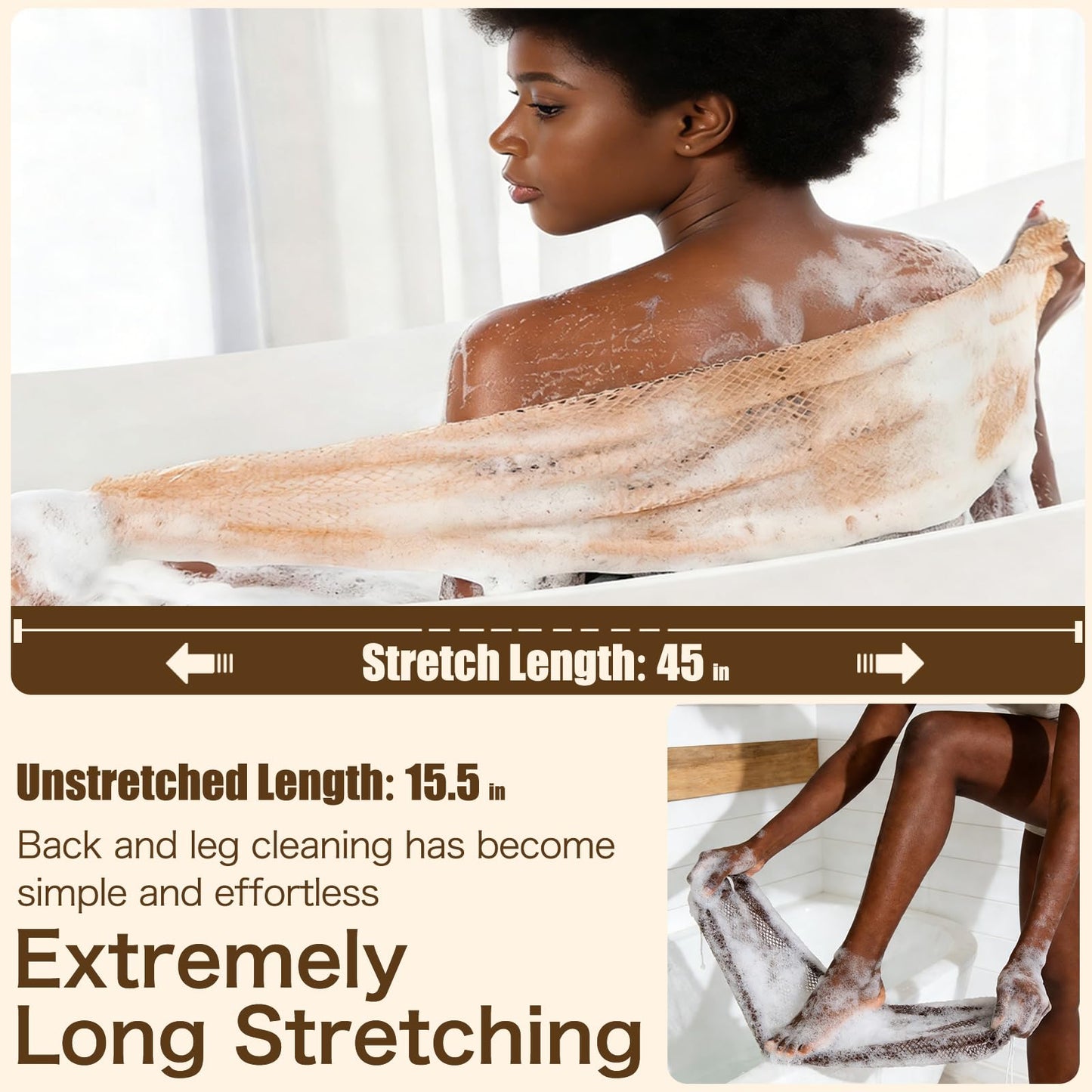 Tonater Body Scrubber 2 Pack, Authentic African Exfoliating Net Sponge Bath Shower Loofah, Up to 47.2" Stretched Nylon Scrubber for Sensitive Skin, Travel Portable Spa Gifts-Light Beige + Dark Brown
