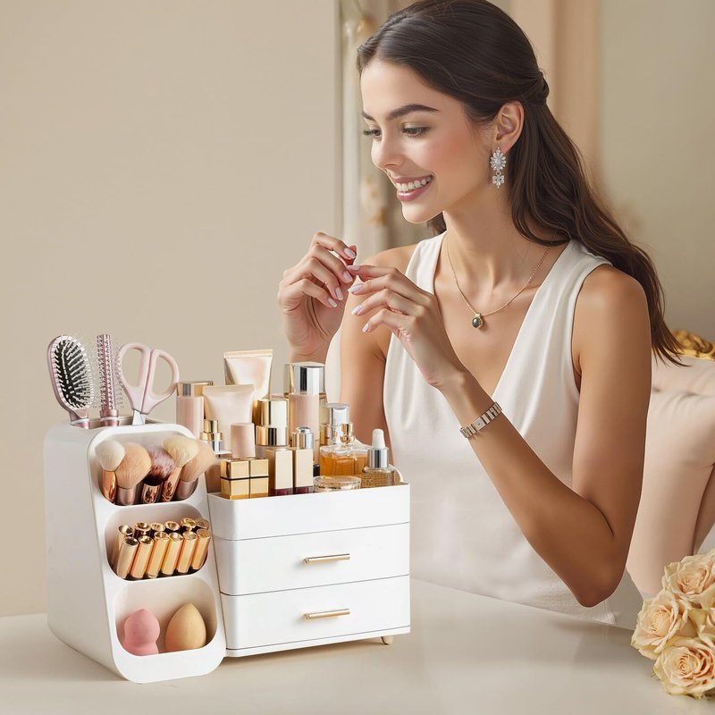 HBlife Makeup Organizer with Brush Holder for Vanity, Large Plastic Bathroom Countertop Organizer Skin Care Storage, Easy to Store Lipsticks, Nail Polishes, Perfumes, Eyeshadow Palettes, All White