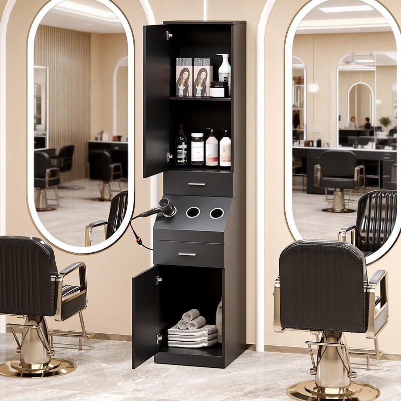 OmySalon Salon Station, Barber Stations with 2-Tier Storage Shelf with Door, Hair Styling Storage Cabinet with 2 Drawer, a Large Storage Cabinet & 3 Hot Tool Holders, Black