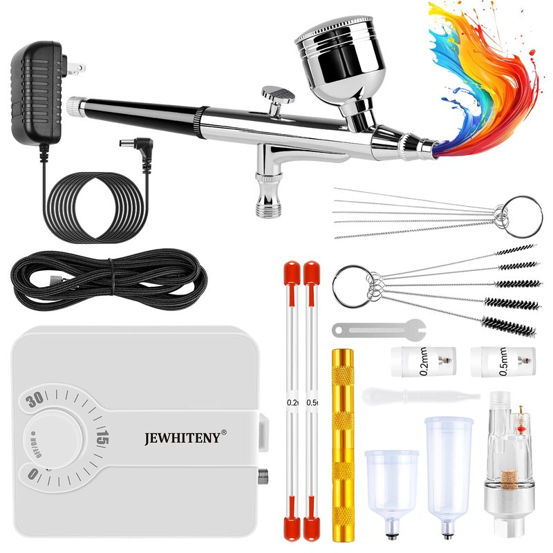 JEWHITENY Professional Airbrush Kit - Multifunctional Nail Airbrush Machine with 0.2/0.3/0.5mm Nozzles for DIY & Salon Use