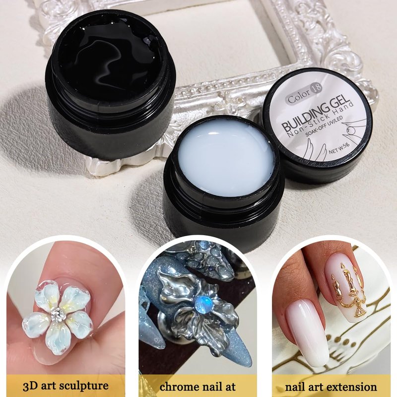 Fcozpjk Solid Builder Gel Kit, 2PCS Clear and White 3D Sculpting Gel Non-Sticky Hand Carving Gels with Silicone Pen Hard Gels for Nails Molding 3D Flowers Nail Design Manicure Salon Supplies