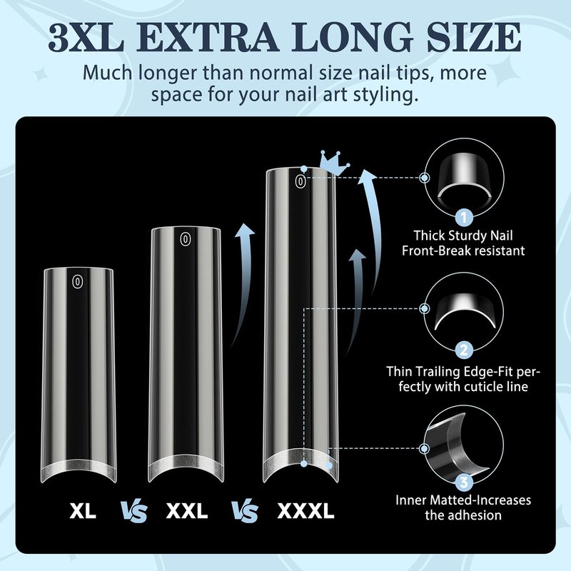 Luckyfairy 3XL No C Curve Square Acrylic Nail Tips, 120pcs Extra Long Straight Tapered Acrylic Gel Fake Nails, Matte Half Cover Clear Gelly Press on for Extension Manicure Home DIY 12 Sizes Gelly Tips