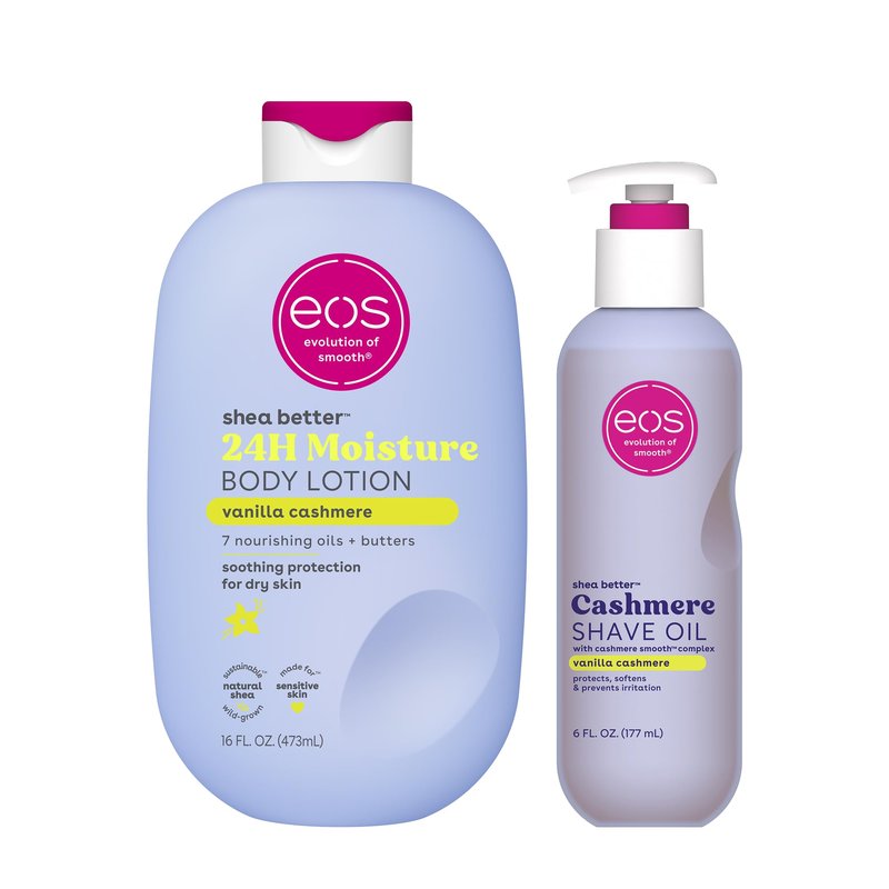 Bundle of eos Shea Better Body Lotion + Cashmere Shave Oil, Vanilla Cashmere, 24-Hour Moisture Skin Care, Lightweight & Non-Greasy, Natural Shea, Vegan, Soothing Moisturizing