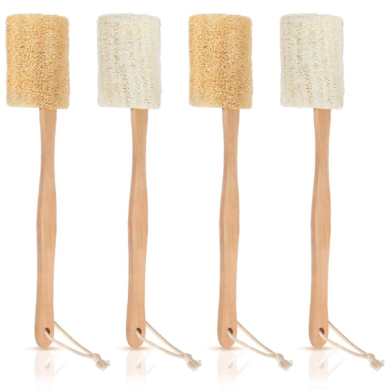 Bokon 4 Pack Natural Exfoliating Loofah Bath Back Brush Loofah Back Scrubber Long Handle for Shower Exfoliating Body Scrubber Luffa Sponge on a Stick for Men and Women, Cleans Hard to Reach Areas