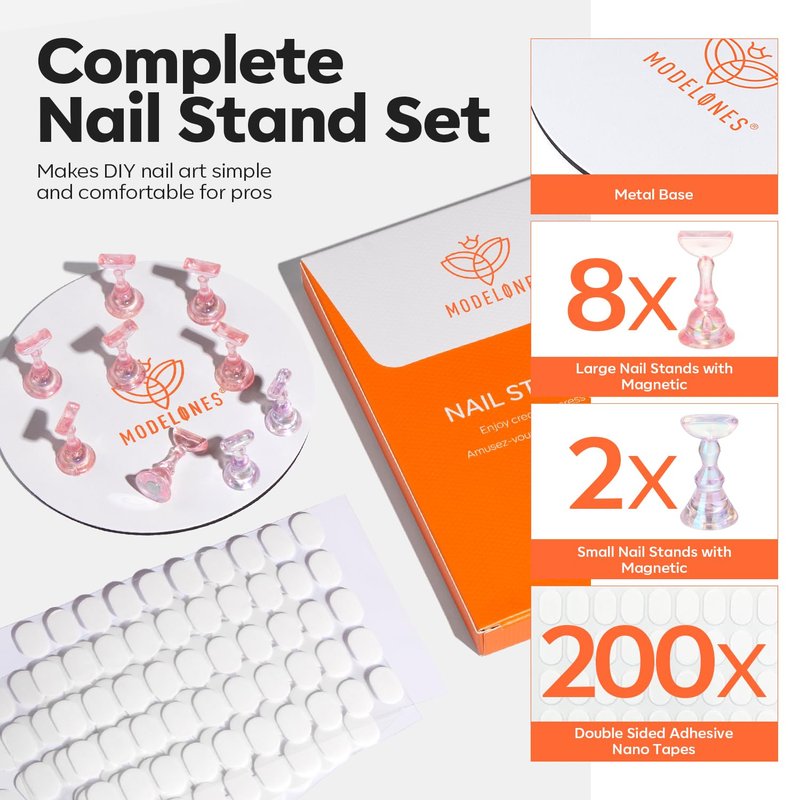 Modelones Nail Stand Set, Magnetic Aurora Pink Nail Stands for Press ons False Nail Tips Practice Acrylic Holder with 200pcs Sticky Tabs Strong Metal Base Painting Display DIY & Salon Use