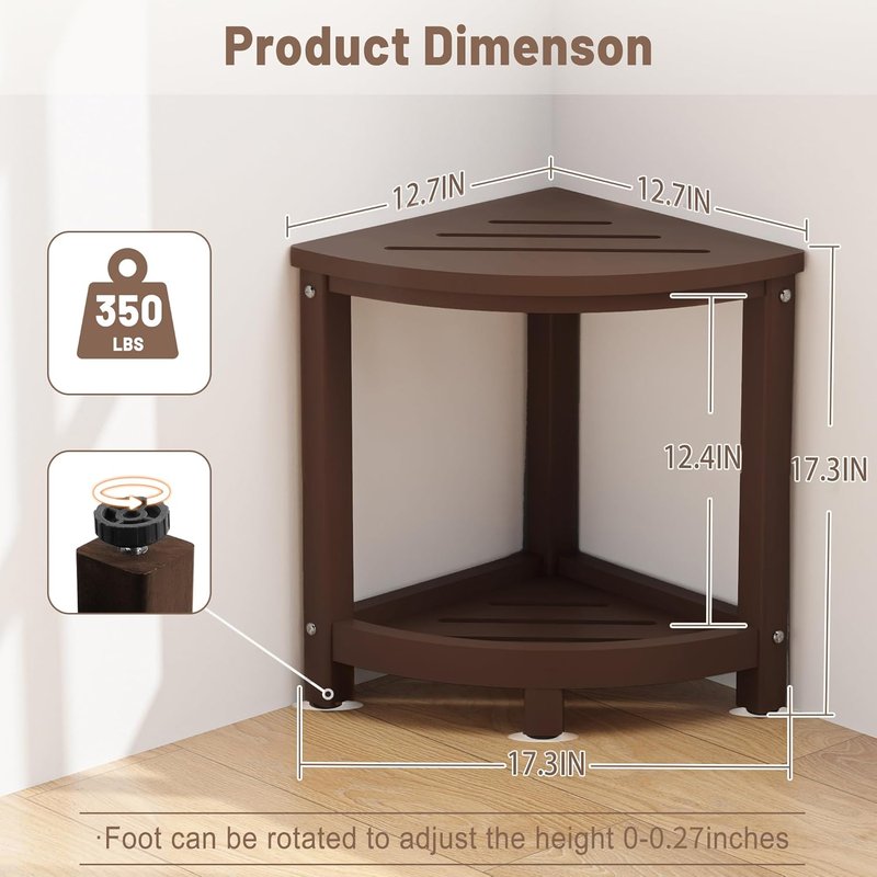 Shower Stool - Waterproof Corner Bench Seat with Baffle Storage Shelf | Indoor/Outdoor Use, Brown