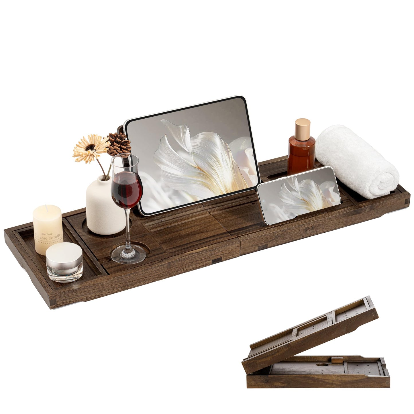 Teak Bathtub Tray, Expandable Bath Tray for Tub 28–40in, Foldable Bath Caddy with Wine Holder, Phone & Tablet Stand, Wooden Bathtub Organizer, Luxury Spa Bathroom Accessories Gift - Dark Walnut Finish